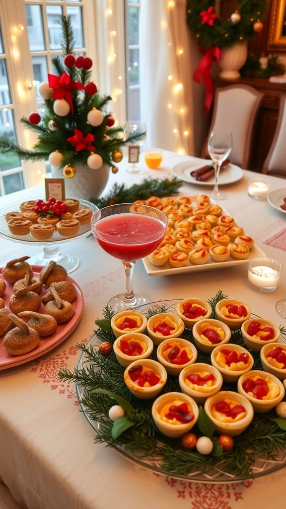 A festive table with elegant Christmas appetizers including stuffed mushrooms, shrimp cocktail, and mini quiches.